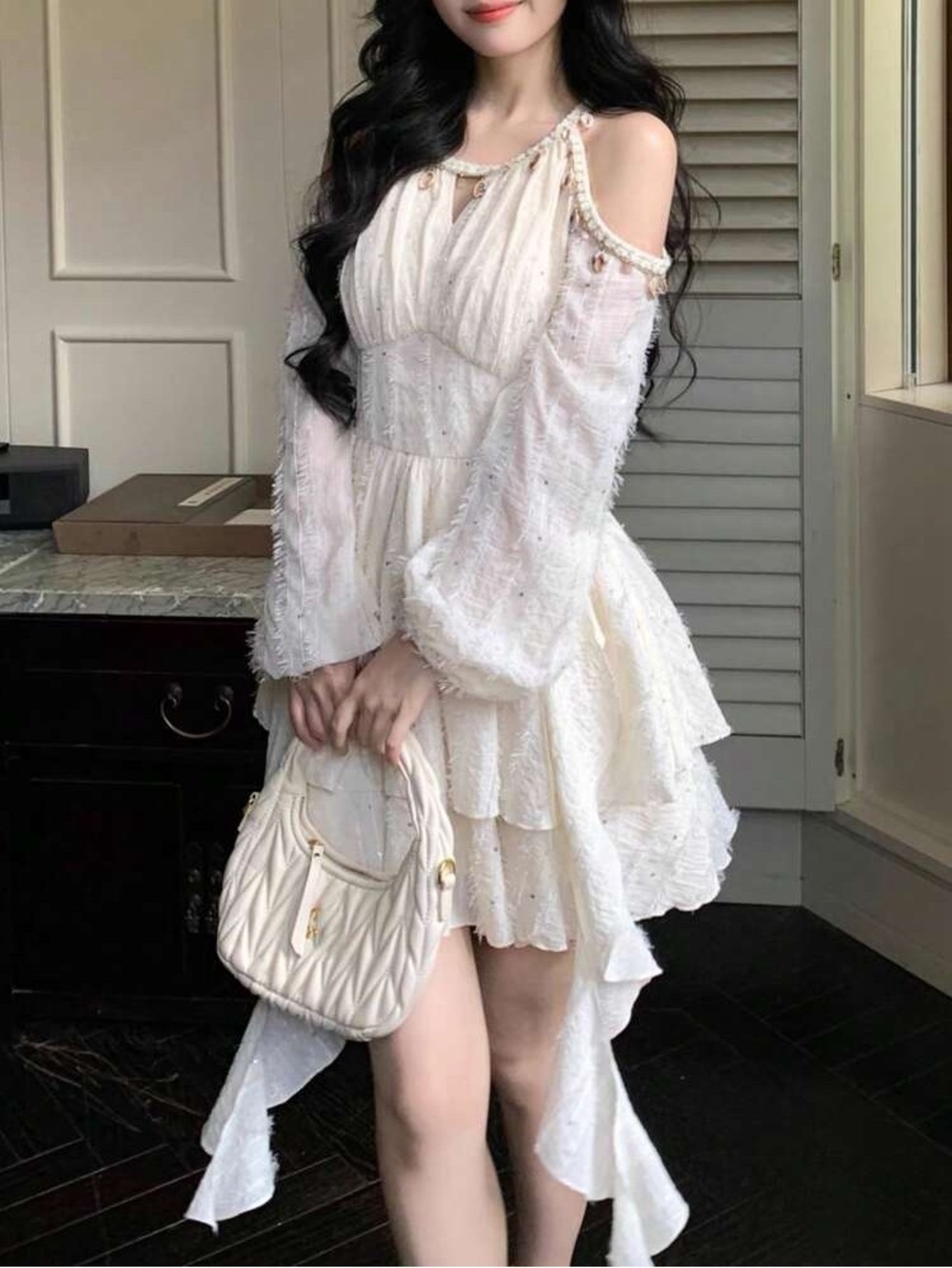 Elegant Cream Cold-Shoulder Layered Dress